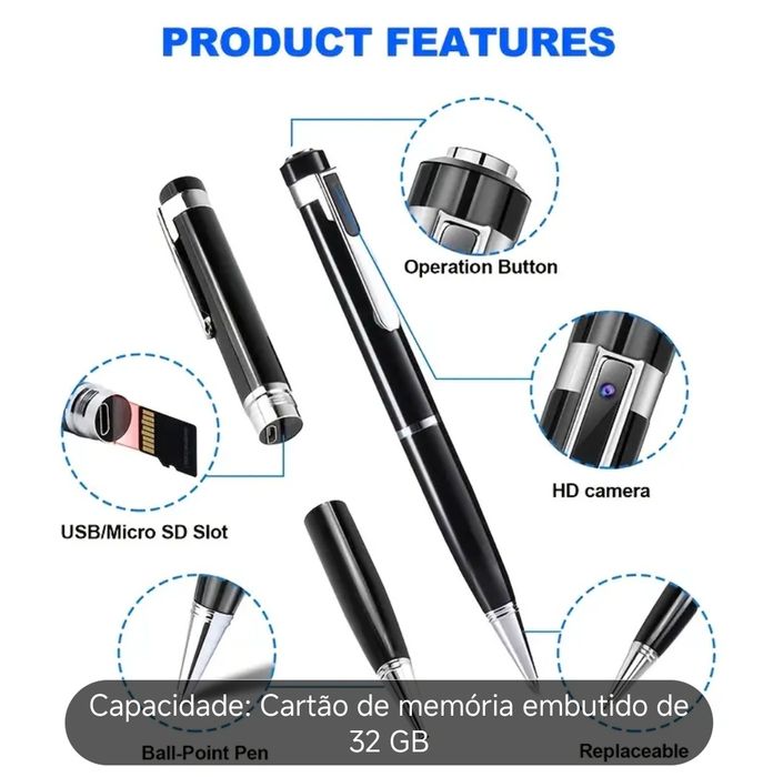 Caneta espião (mini-câmara embutida) + cartão micro SD 32GB
