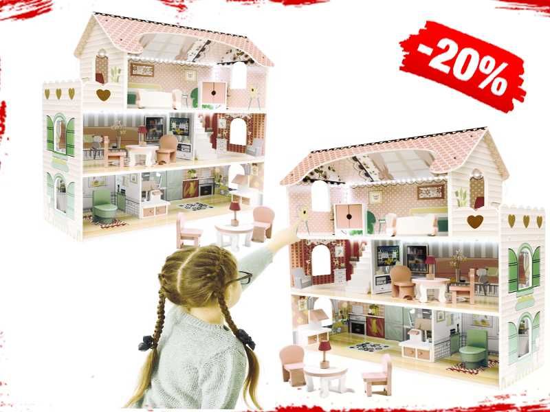 Drewniany Domek dla Lalek XL 70cm + LED i Mebelki – Różowy (-20%)