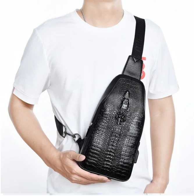 Чоловіча черная коричневая сумка бананка барсетка ранец з крокодилом