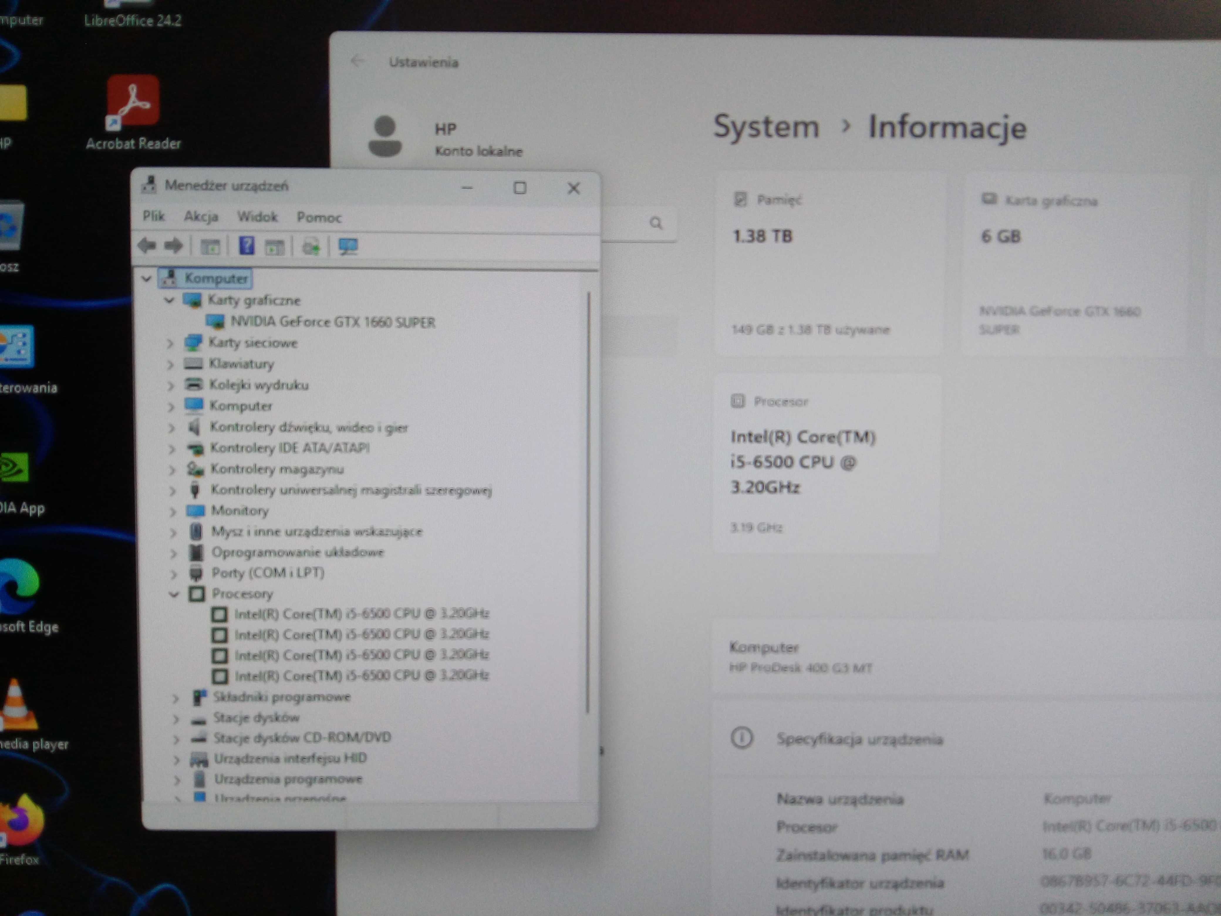 Komputer Używany HP 400 G3 i5 16GB 512 SSD 1TB HDD GTX 1660 SUPER Gw
