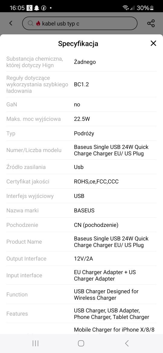 Ładowarka USA US Japonia Baseus 24W 3.0