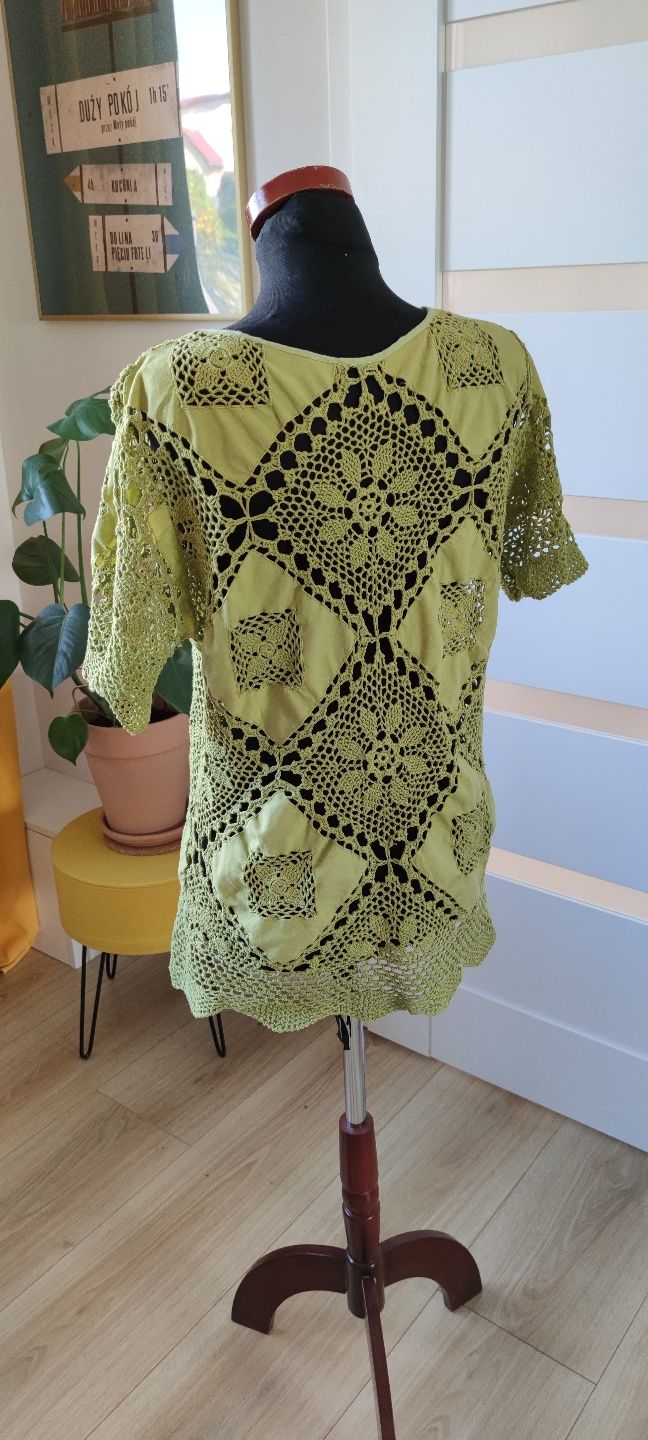 Top bluzka z krótkim rękawem szydełko zielony hippie Vintage S/M/L