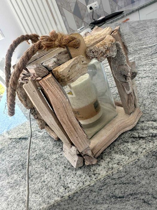 Lampion na świecę świecznik wiszący drewniany szkło NOWY!