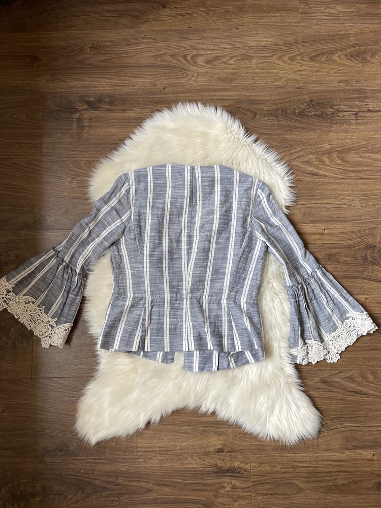Zara basic lniana marynarka niebieska beżowa w paski z koronką xs