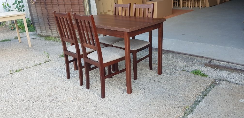 Nowe: Stół 70x120 + 4 krzesła , orzech + beż ( szczebelki )