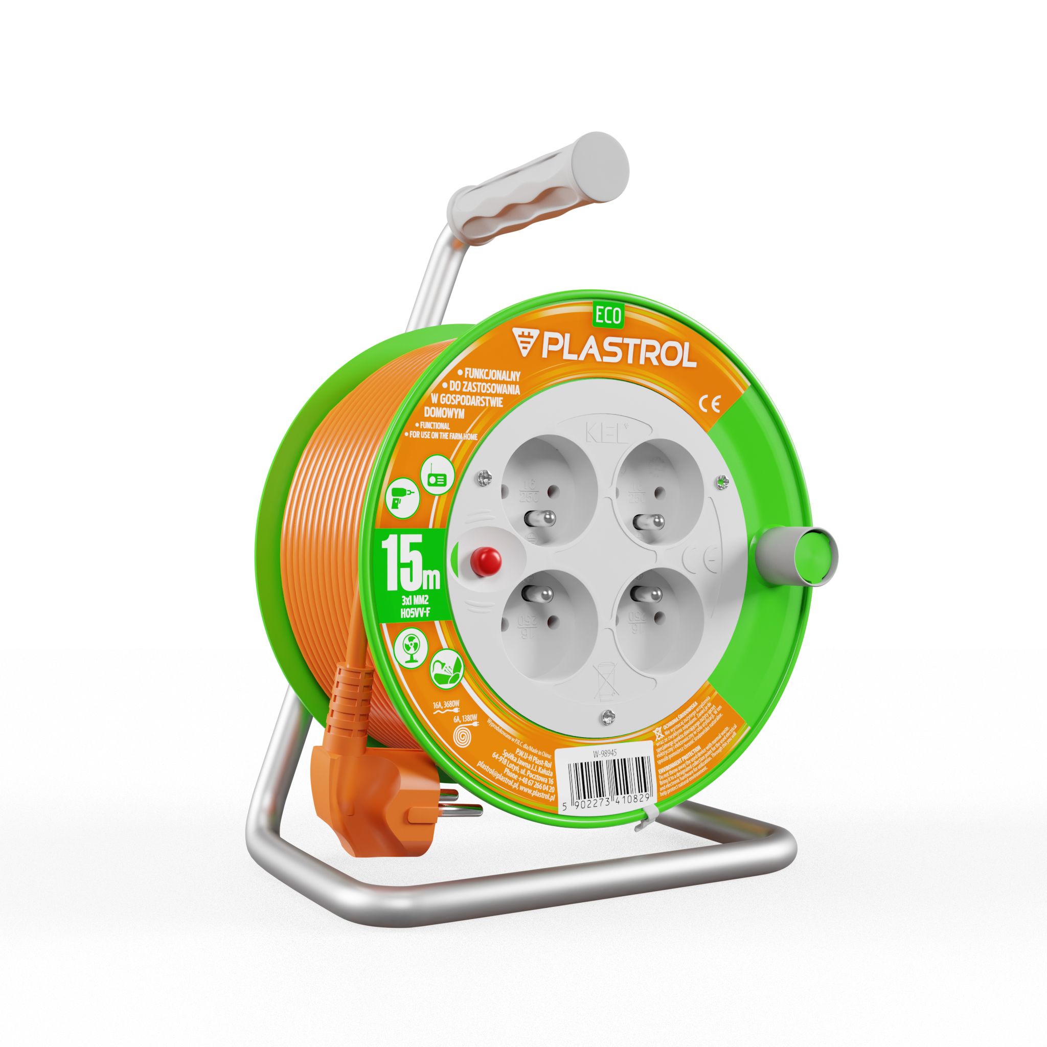 Przedłużacz bębnowy Eco PB-ST/M/15M/3X1/H05VV-F pomarańczowy PLASTROL