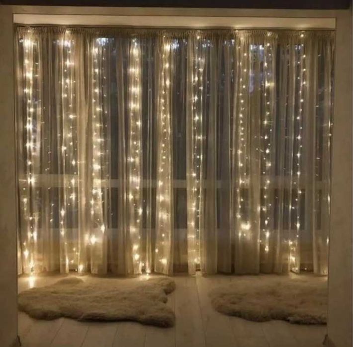 Гірлянда штора роса 3х3 з гачками теплий білий 300 led USB юсб живленя