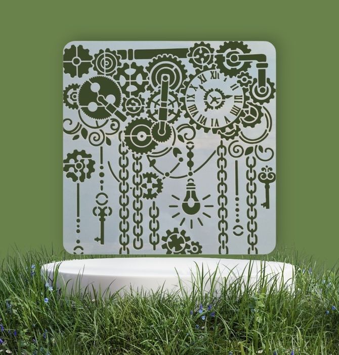 Szablon malarski – motyw steampunk (zębatki, zegar, łańcuchy) Nr B20