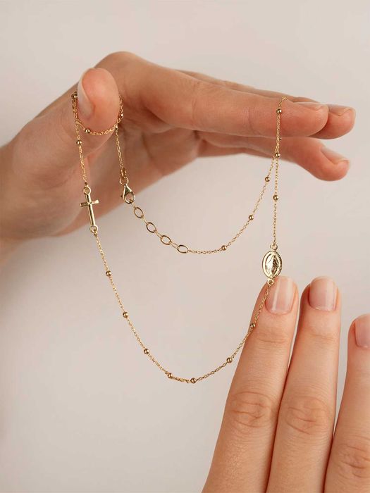 Złoty naszyjnik różaniec z Matką Boską i krzyżykiem 43-46cm, 585