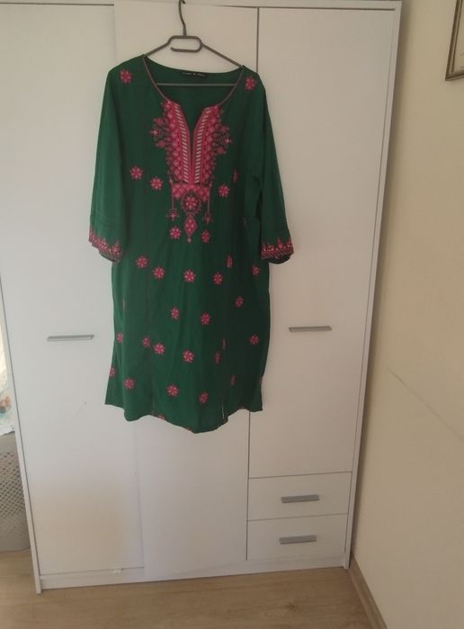 Tunika zielona indyjska kameez haft kwiaty Bollywood orient hippie