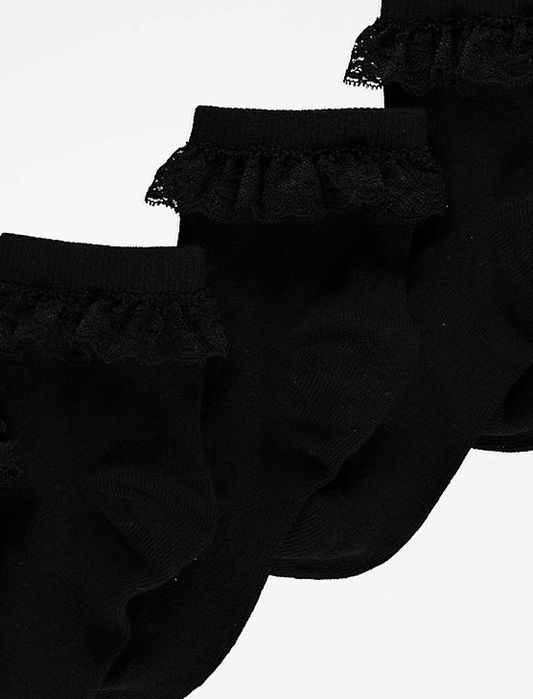 27-30 George UK9-12 5pak czarne bawełniane skarpety z falbanką koronka