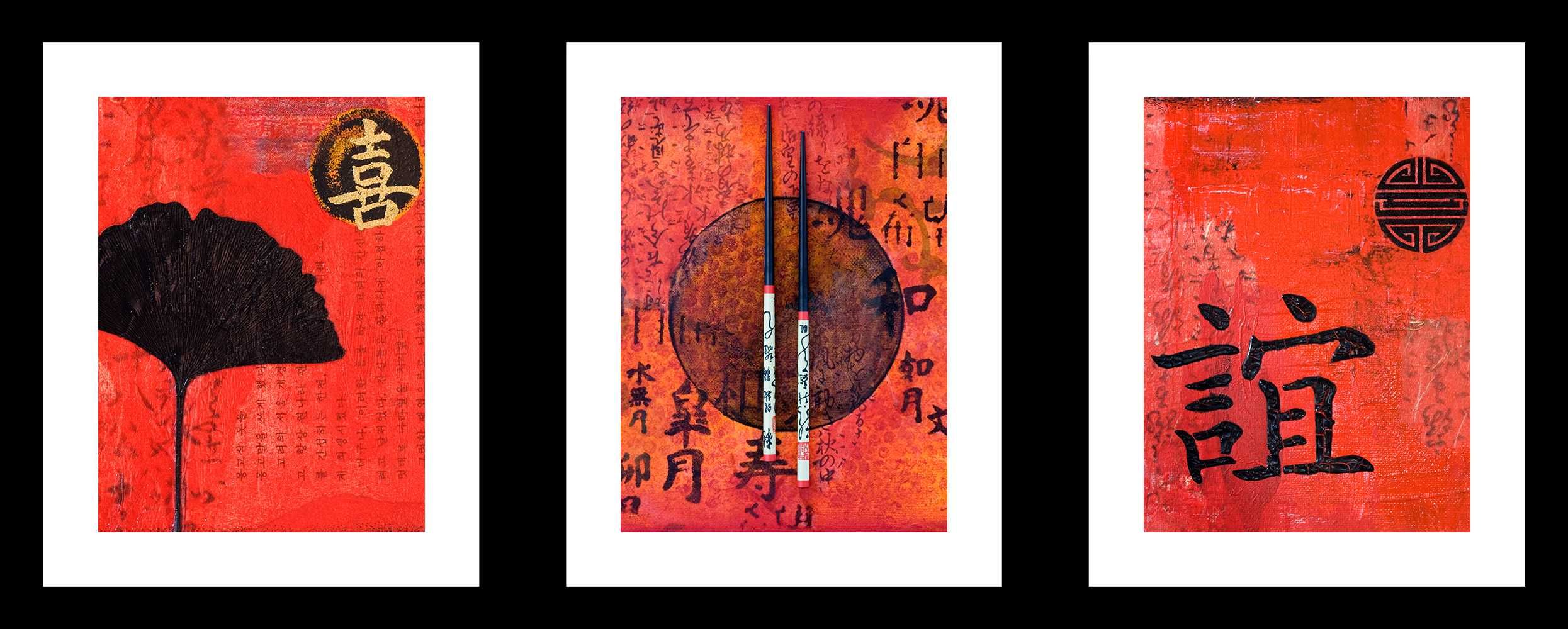 Plakaty Orientalne - Czerwone z Chińską Kaligrafią i Miłorzębem