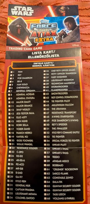 Karty z serii Star Wars Force Attax Extra Przebudzenie Mocy Topps niek