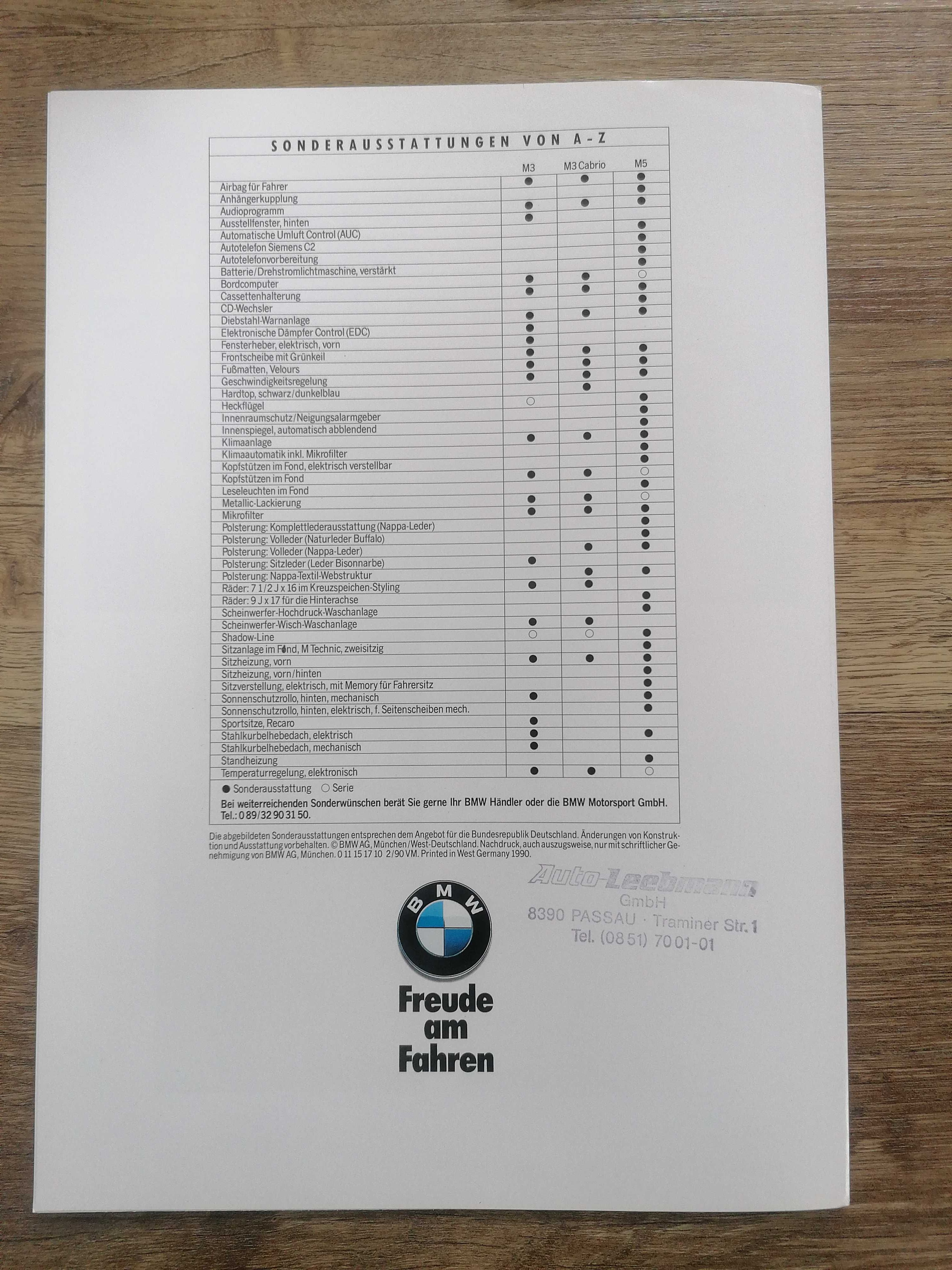 Prospekt BMW M3 E30/Cabrio , M5 E34 wyposażenie dodatkowe