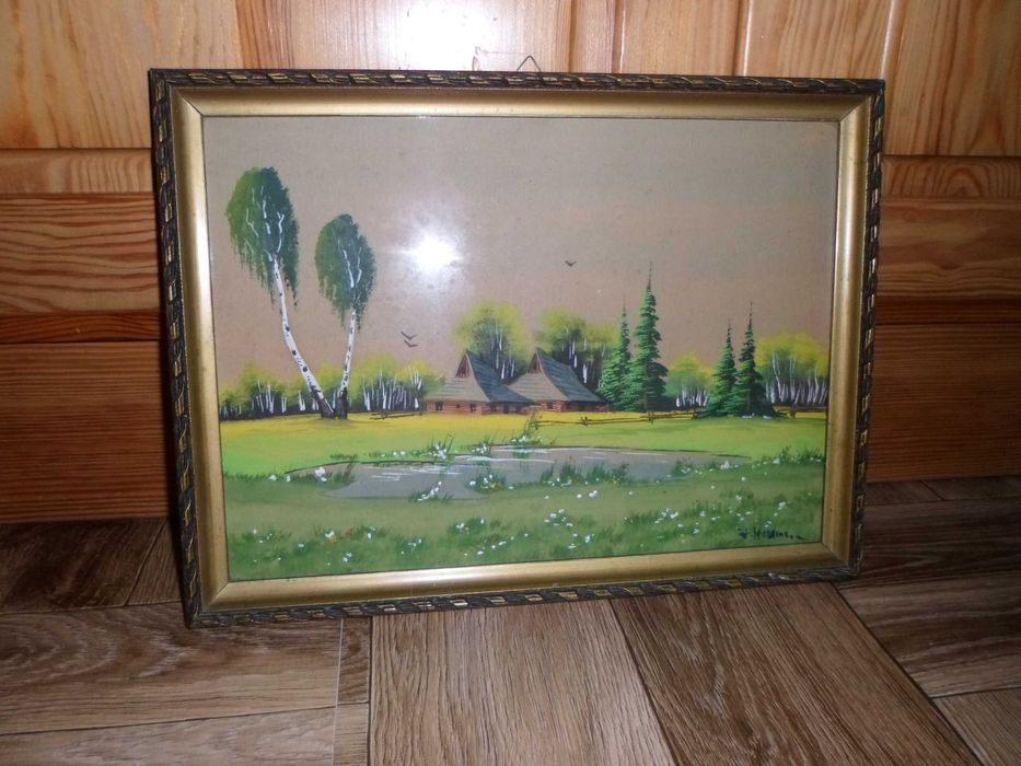 Obraz - stara, sygnowana akwarela w złotej ramie za szybą