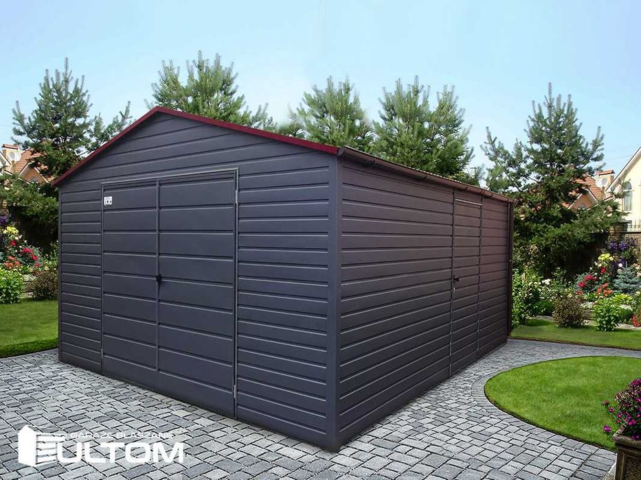 Garaż 5x7m dwuspadowy grafit drewnopodobny podbitka premium
