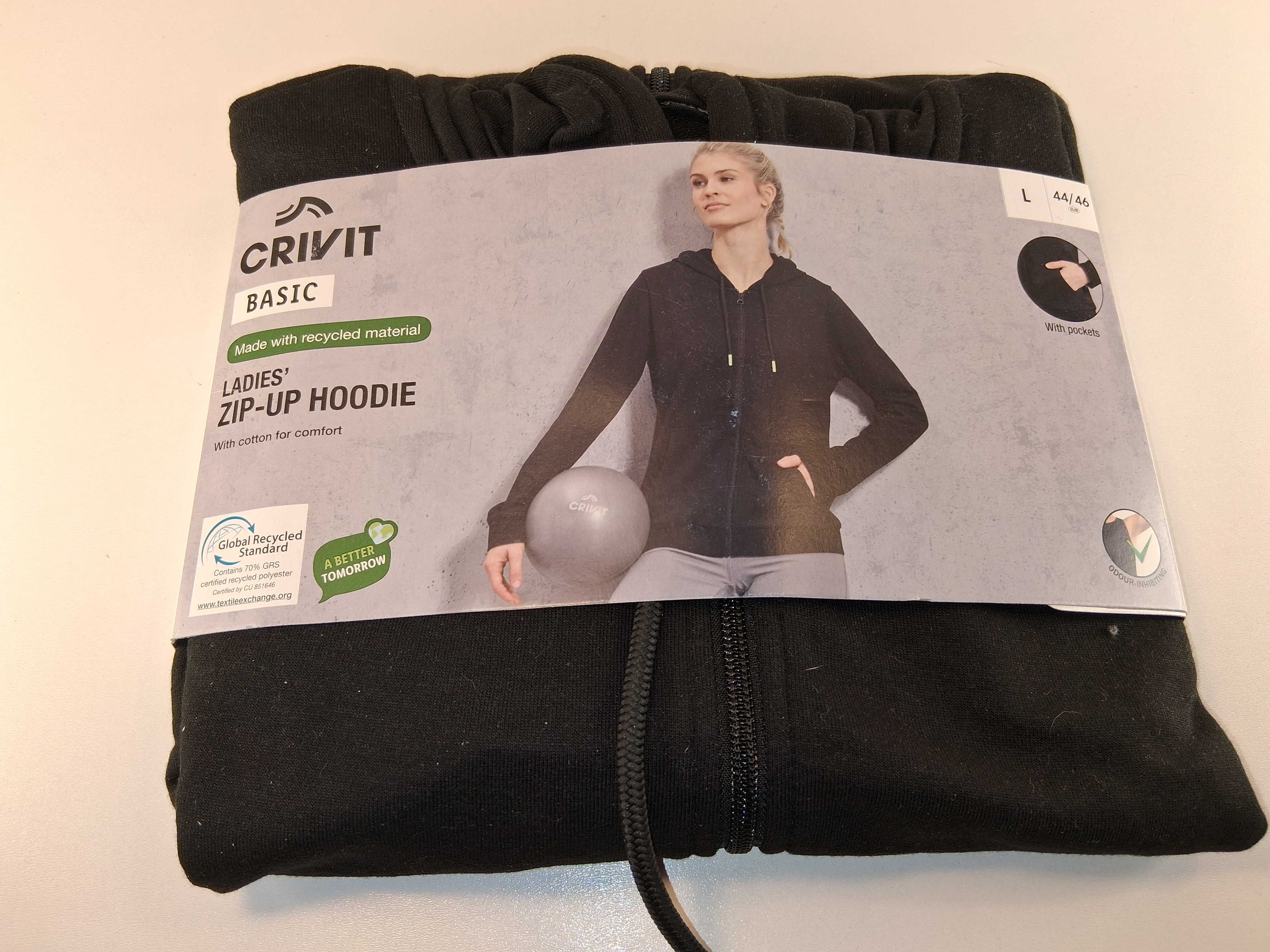 A256 Crivit Basic Damska Bluza Z Kapturem Zip-Up Hoodie L 44/46 Czarna