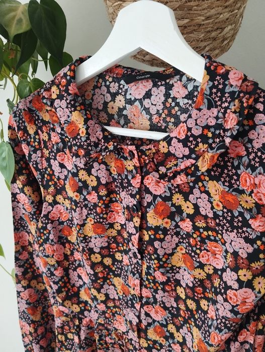 Sukienka z długim rękawem, w kwiaty, z kołnierzem, 100% wiskoza r.XS/S