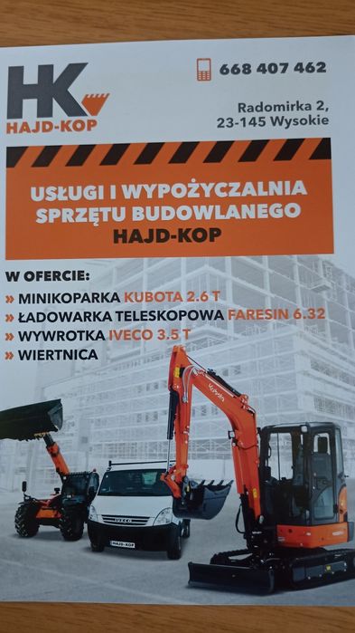 Usługi minikoparka Kubota kx27 2.6t+Nawiąze współpracę z firmami