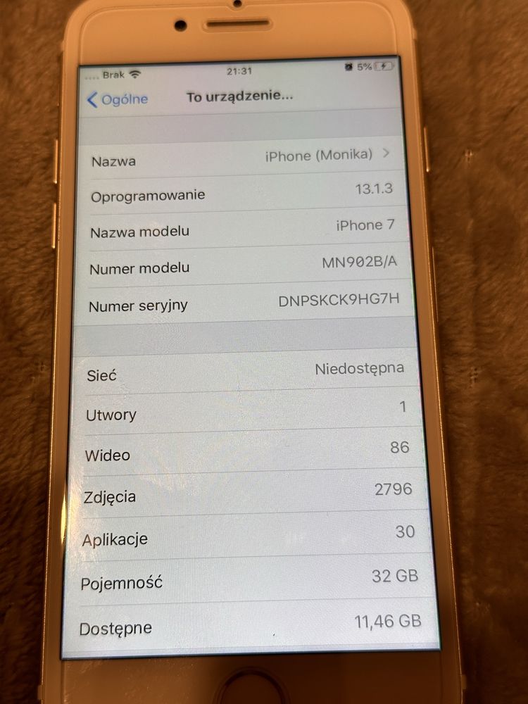 iPhone 7, 32GB zloty, stan wizualny idealny