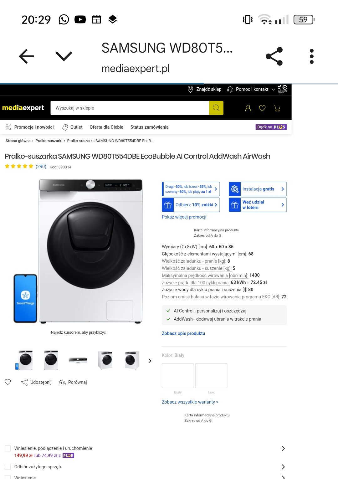 Pralko-suszarka SAMSUNG WD80T554DBE EcoBubble AI Control AddWash