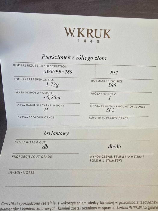 Pierścionek zaręczynowy złoty jedyny W. Kruk. Rozmiar 12. 0,25ct.