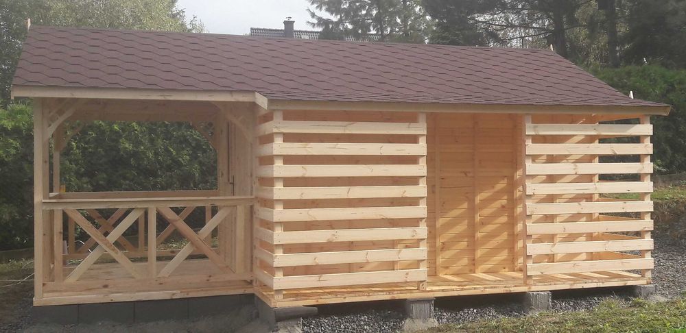 Domek letniskowy ogrodowy drewniany 6×3 m z drewutnią Drewutnia Altana