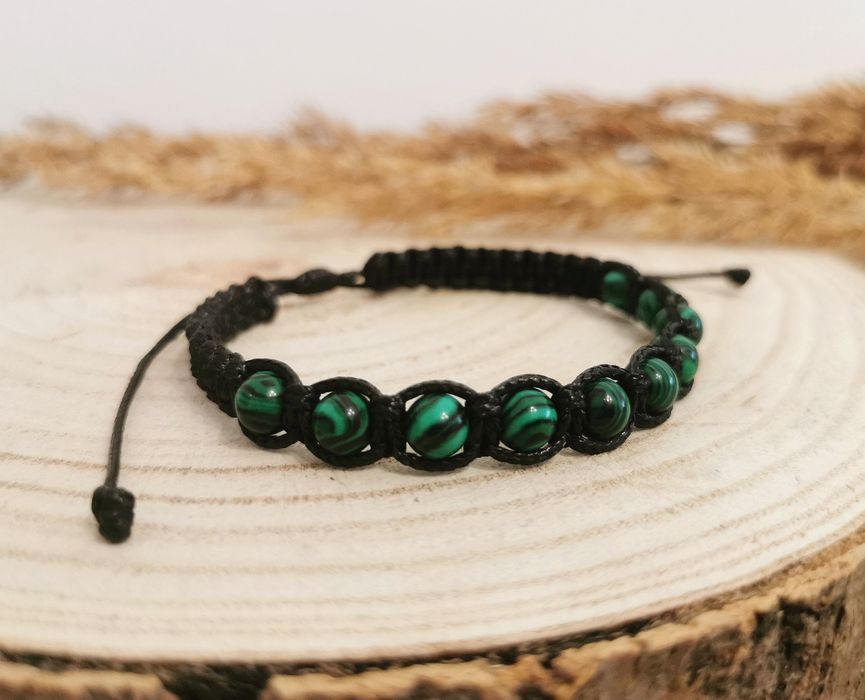 Bransoletka zielona czarna malachit kamienie kamień prezent różaniec