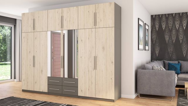 Szafa 300/240 Meblast Grafit/Dąb Bordeaux z 2 Lustrami Styl