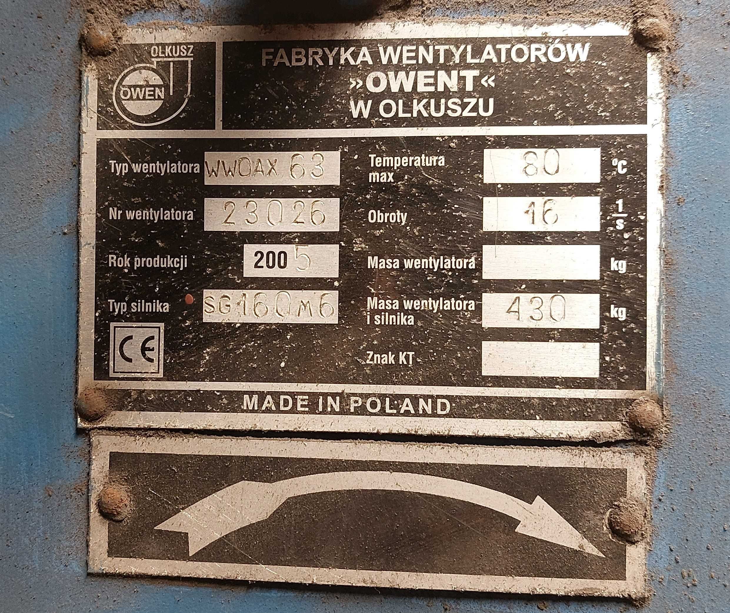 Wentylator przemysłowy podmuchowy oryginalny Olkusz WWOax-63