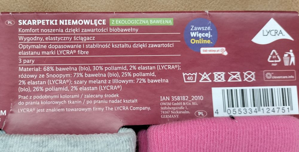 Skarpetki niemowlęce z ekologiczną bawełną, 3 pary, 15-18 Snoopy, róż