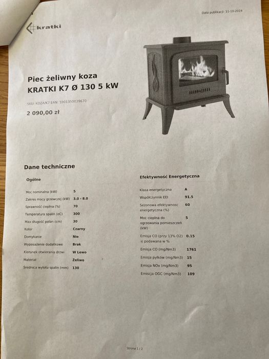 Sprzedam piec żeliwny koza kratki K7 130 5 kw