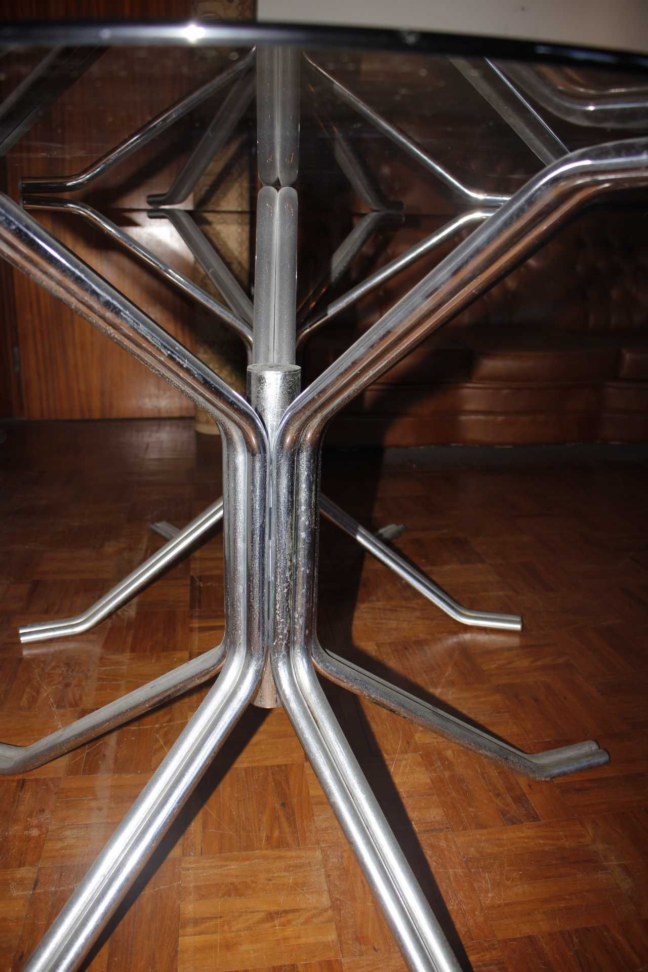 Mesa de jantar - Tubular - Design Vintage - Metal e vidro - Anos 70