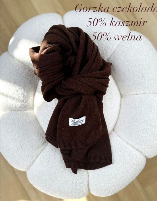 Brazowy czekoladowy cashmere czapka i szal 50% kaszmir 50% welna