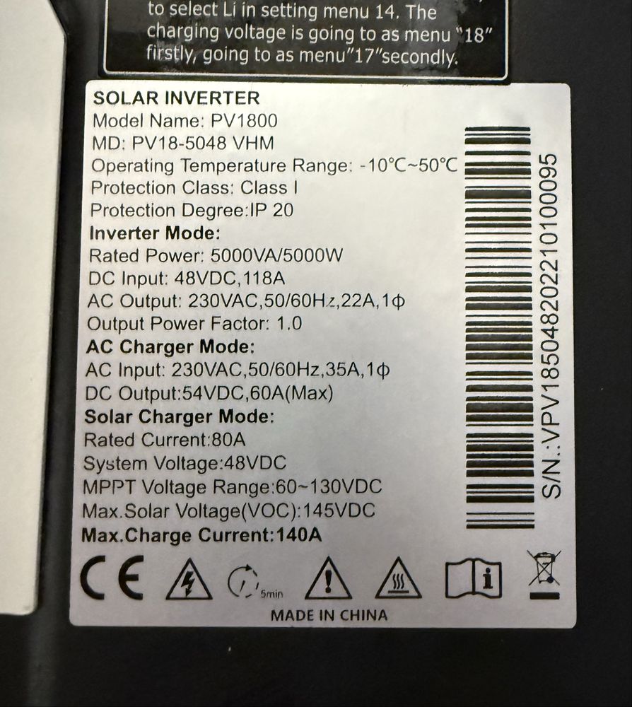 Сонячний інвертор MUST MD: PV18-5048 + Батарея Li-ion 5.2 kwh