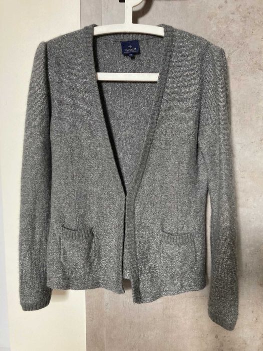 Kaszmirowy cardigan ze srebrną nitką, szary, kaszmir/wełna merino, M