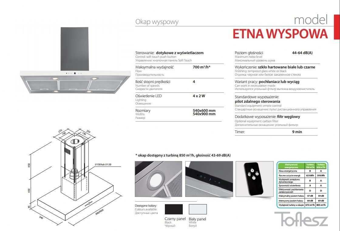 Okap wyspowy TOFLESZ OK-6 ETNA ISLAND 60CM 850m3/h białe szkło