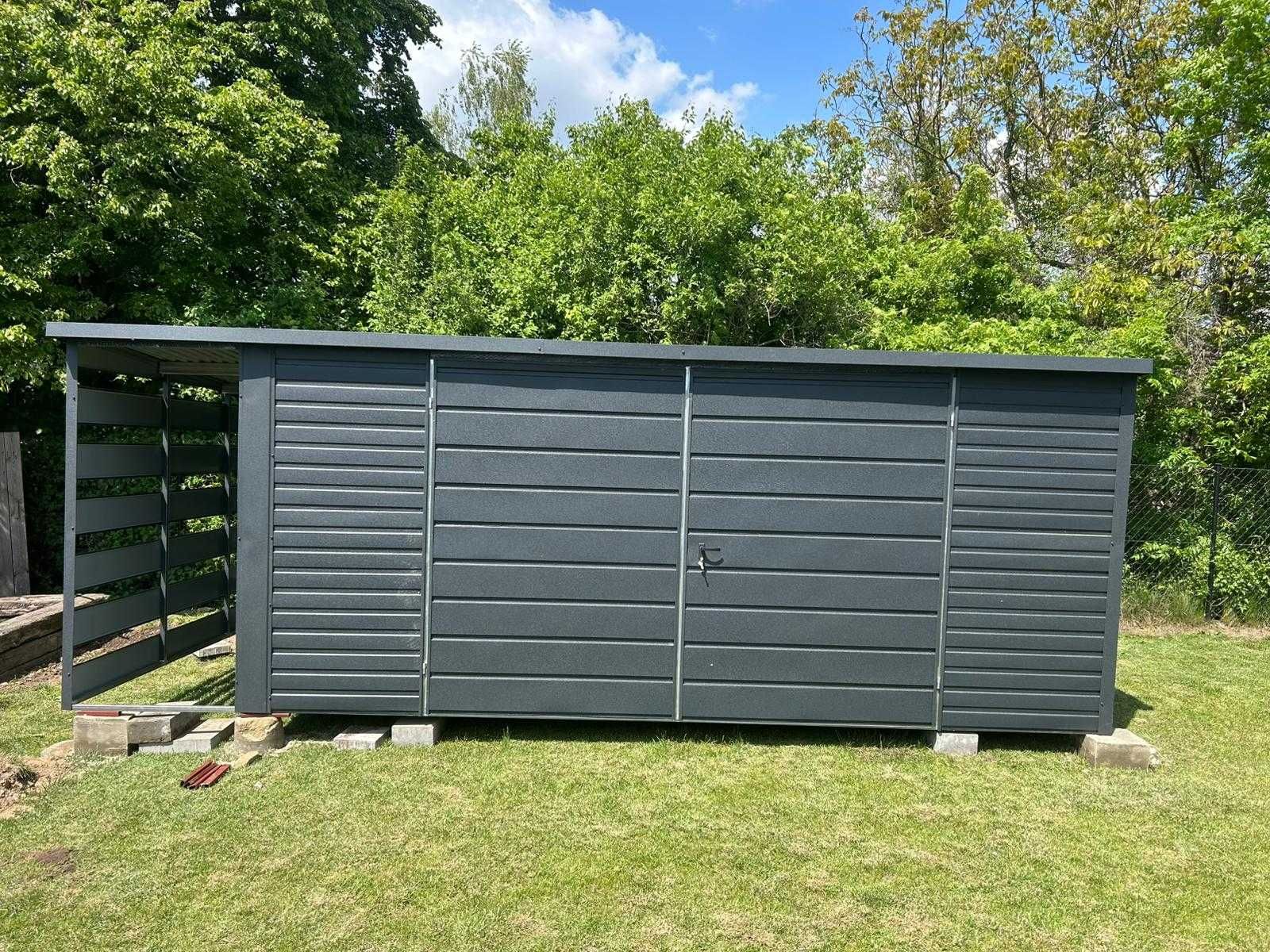 Garaż Schowek Ogrodowy 5×3 + 1×3 wiata Panelowa ciemny grafit MAT