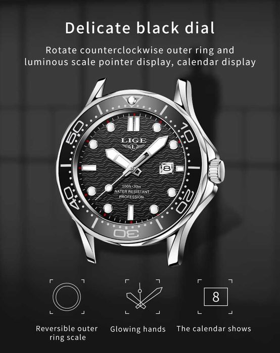 Zegarek męski Lige czarna tarcza wygląd nurka na pasku silikonowym BOX