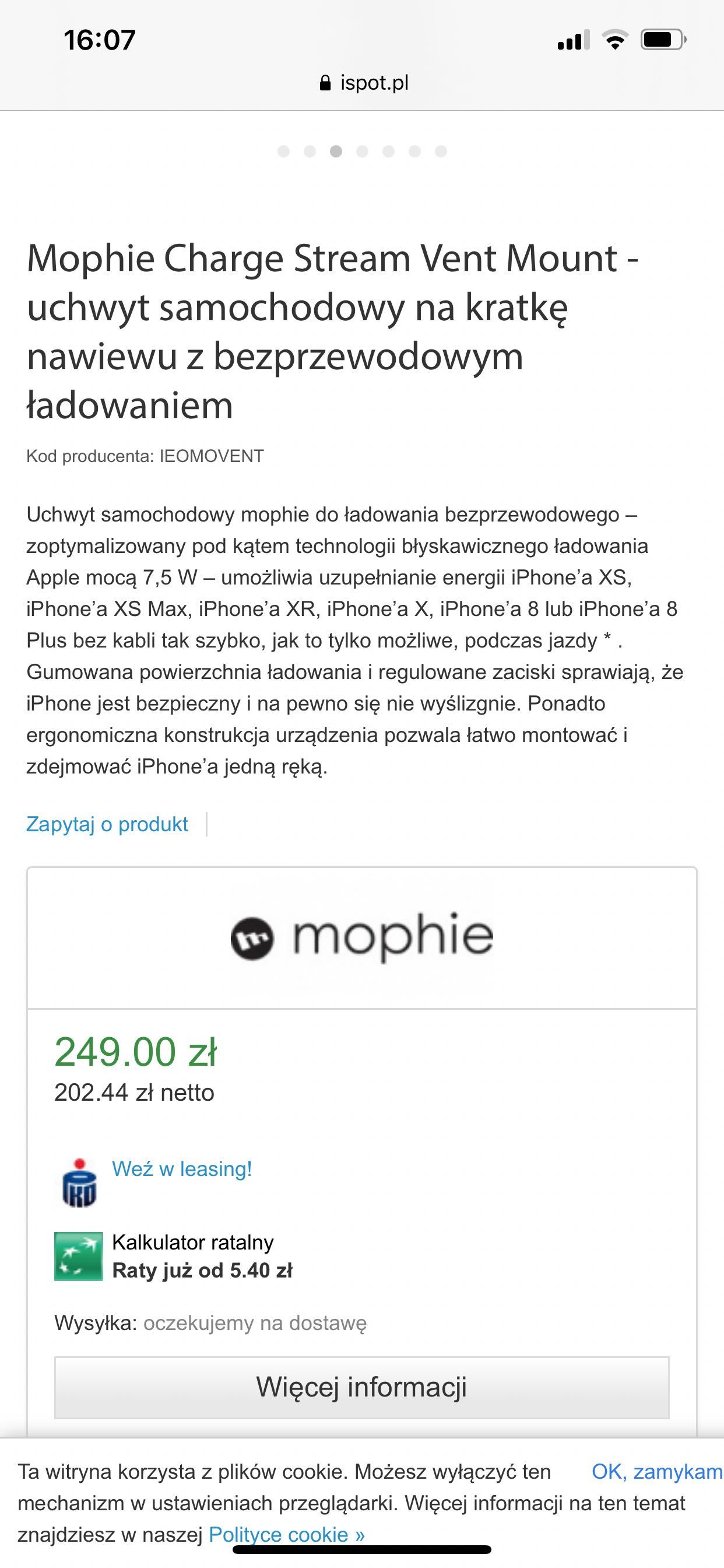 Mophie Charge Stream Vent Mount uchwyt na kratkę z ładowaniem