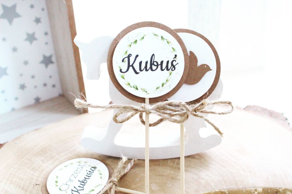 Pikery topper do babeczek dekoracje urodzinowe na chrzest rustykalne