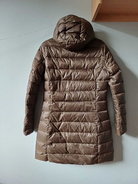 Blauer długi puchowy płaszcz kurtka z kapturem rozmiar M