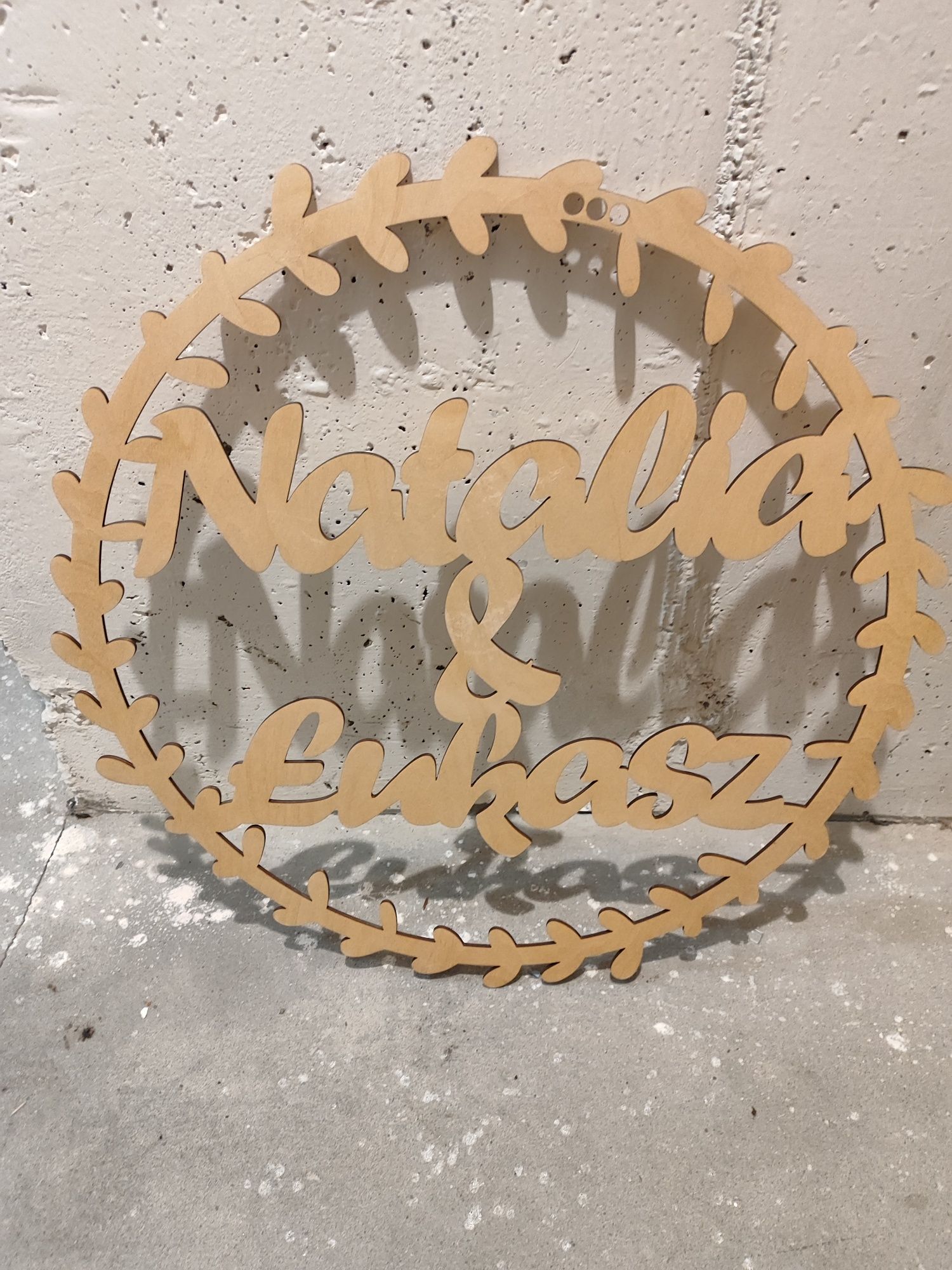 Natalia & Łukasz, obręcz z imionami na ślub, sklejka