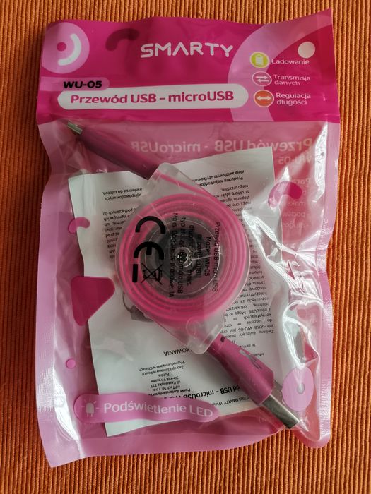 Przewód kabel USB-micro USB-B zwijany z podświetleniem