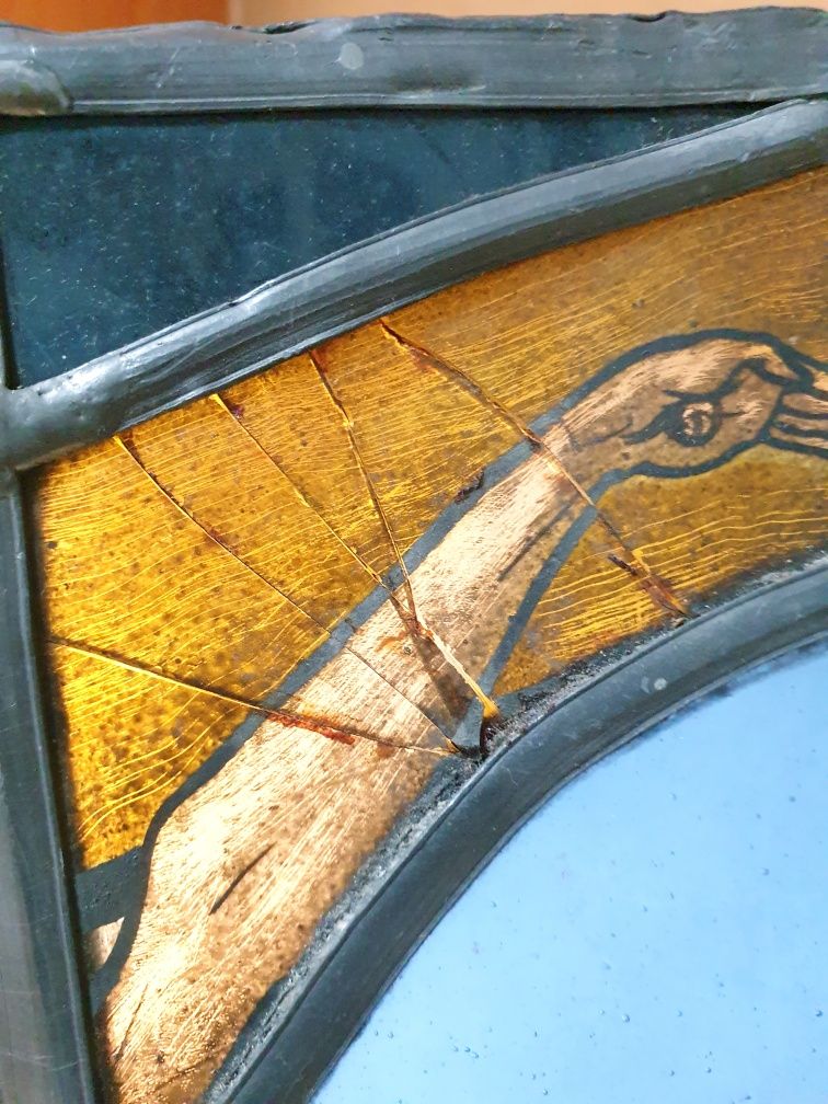 Fantástico antigo vitral Cristo na Cruz com Maria
