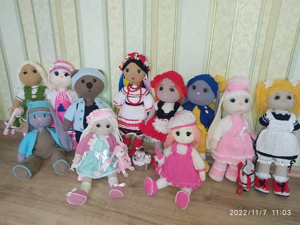 Вязаные игрушки амигуруми-кукла, зайка, мишка, большие!