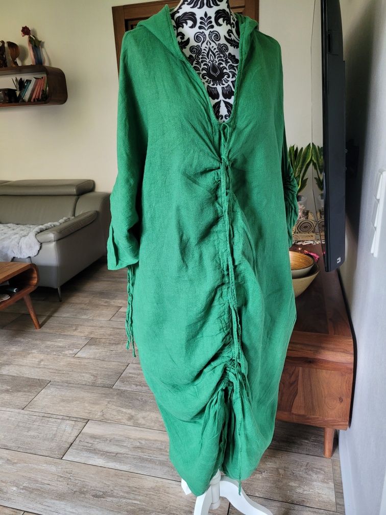Sukienka zielona len oversize z kapturem, kieszeniami luźna
