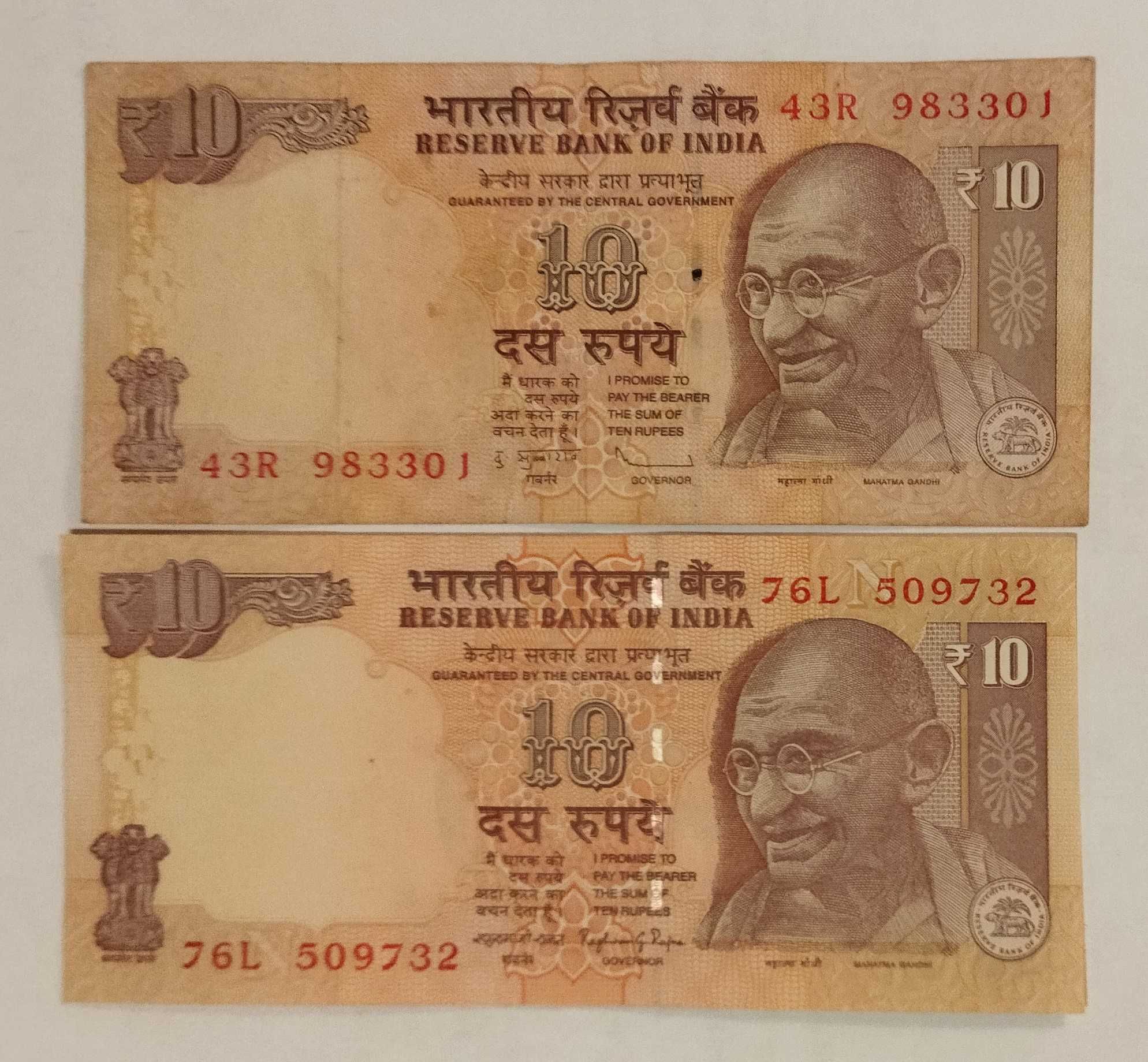 Banknoty indyjskie: 1.000, 100 i 10 rupii