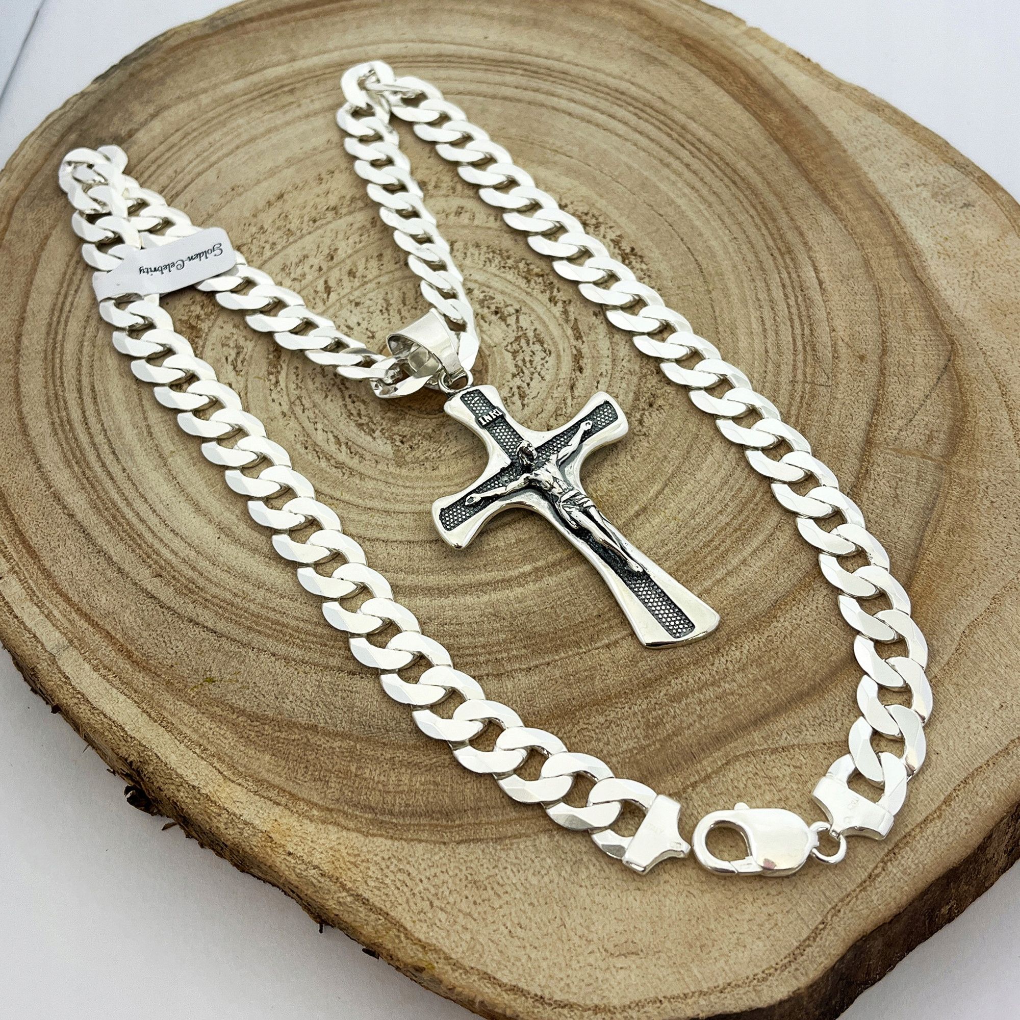 Srebrny Łańcuszek Męski + Duży Krzyż Z Jezusem 60 Cm 15 Mm Srebro Prób