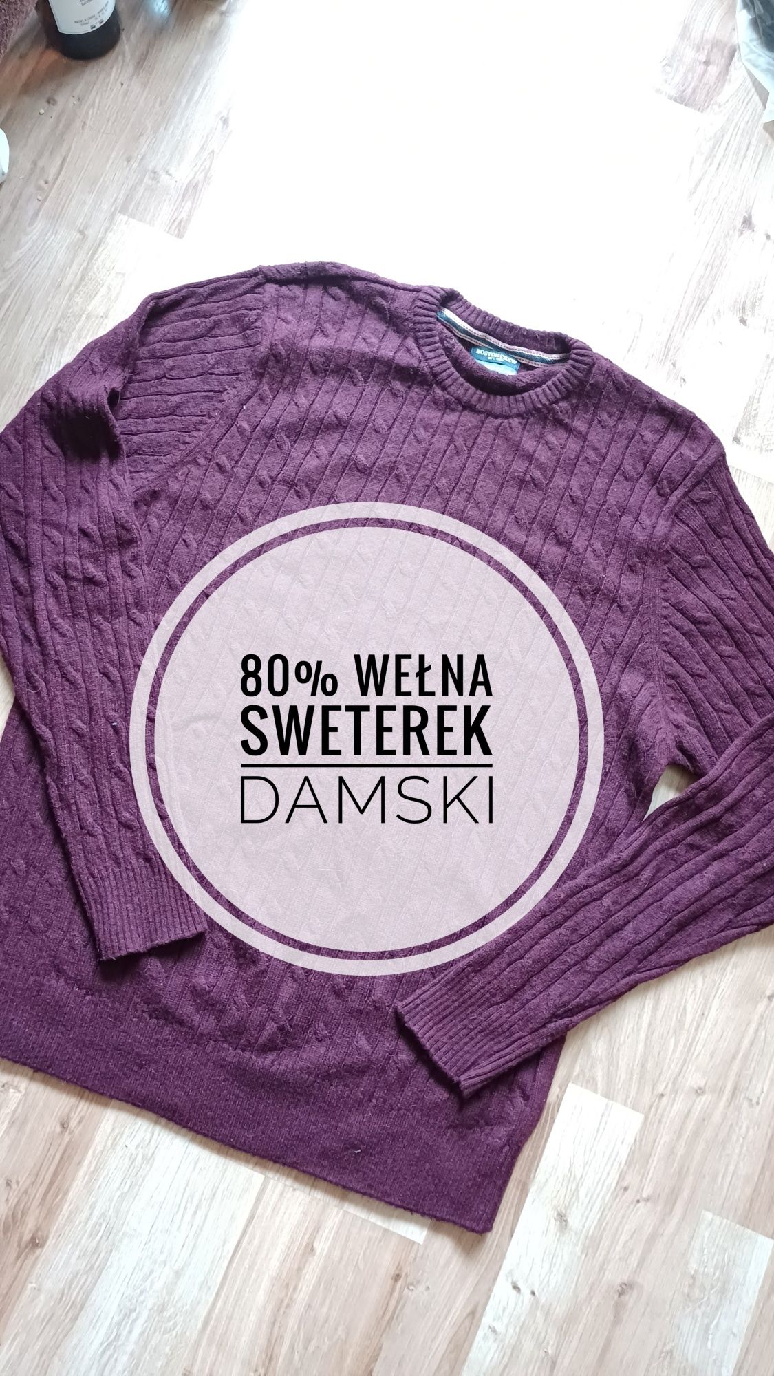 Sweterek damski 80% wełna bordo warkoczowy splot rozmiar M